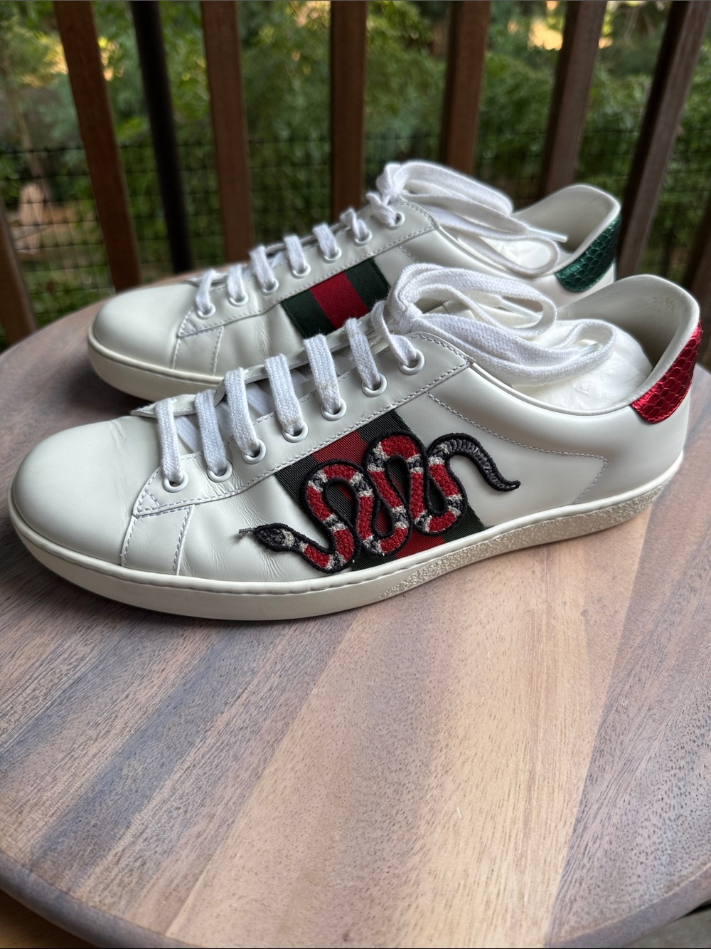 Gucci White Leather Ace Sneakers with Red & Green Web and Snake Embroidery